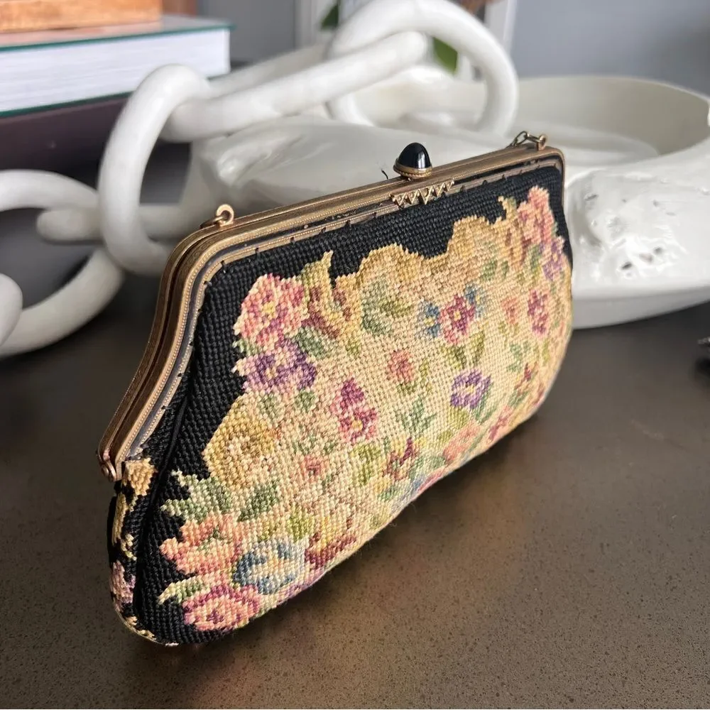 Vintage Petit Point Floral Tapestry Handbag with Chain Strap